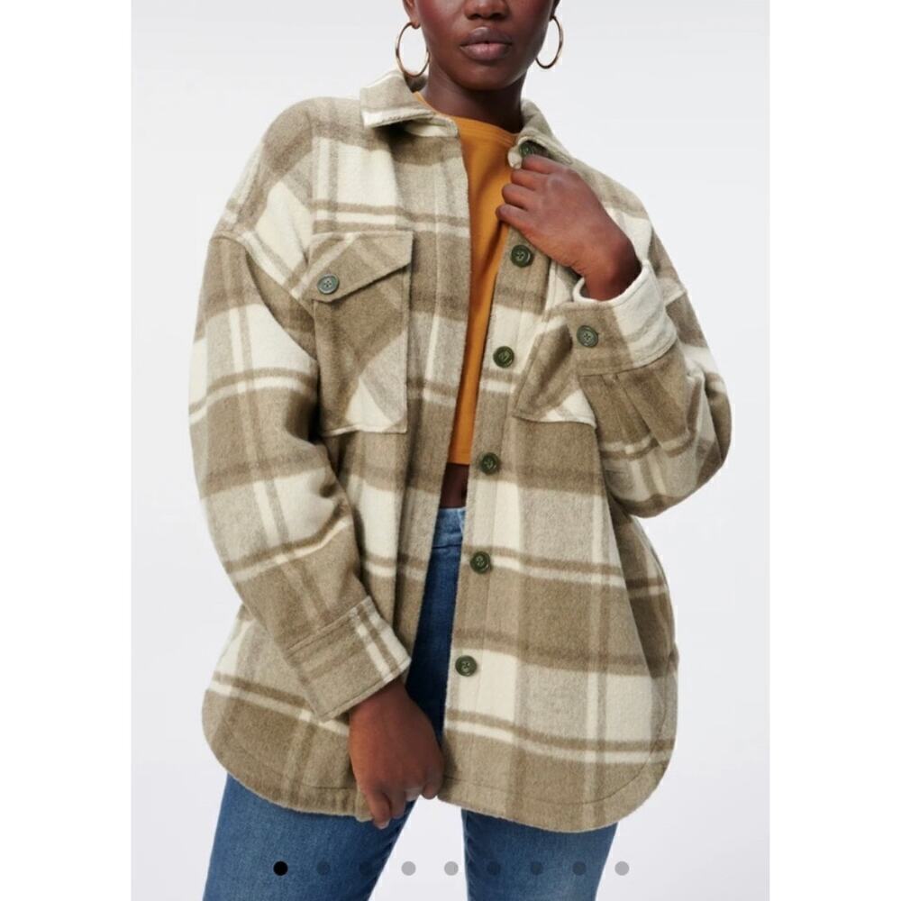 ☀️NWT Good American Good Plaid Shacket Shirt Jacket Wool Blend Gray Sz M